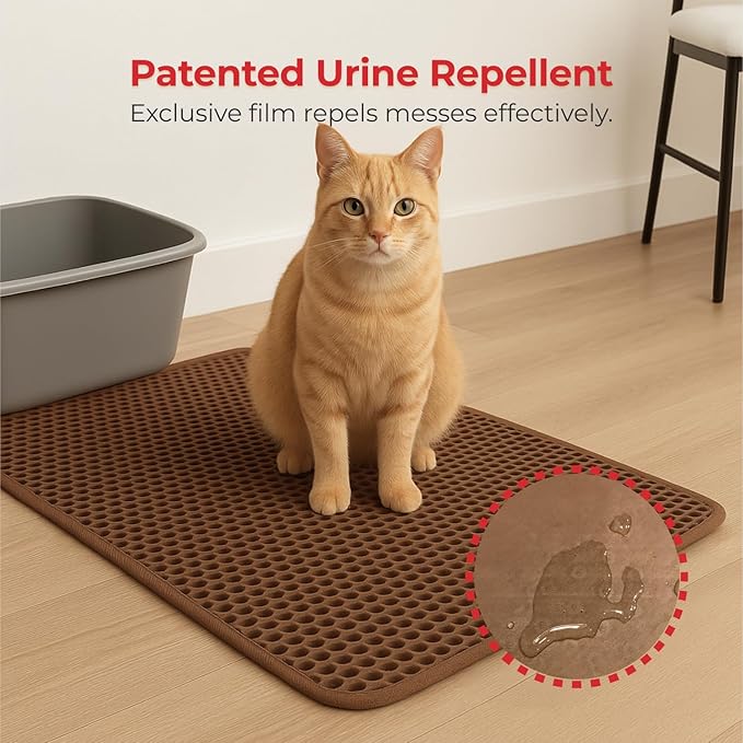 iPrimio Large Cat Litter Trapper Mat w/ Urine/Waterproof Layer - Larger Holes w/ Urine Puppy Pad Option - Cat Litter Mat, Light and Soft (Brown Color)