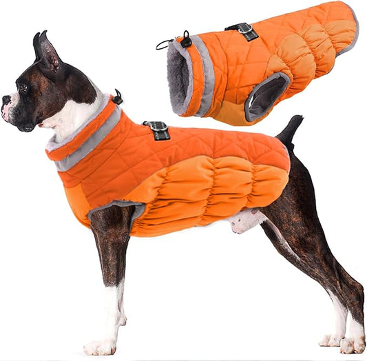 Lelepet Dog Coat Warm Dog Winter Coat Waterproof Dogs Jacket with Harness Built in Reflective Pet Fleece Vest Zip-Up Cold Weather Coats for Small Medium Large Dogs Turtleneck Windproof Blaze Orange L