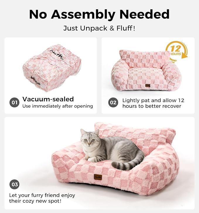 MADE 4 PETS Cat Beds for Indoor Cats, Cat Couch Bed, Soft Faux Fur Checkered Pet Sofa, Calming Fluffy Kitten Sofa with Supportive Foam, Removable Washable Cover with Non-Slip Base, Pink, Small