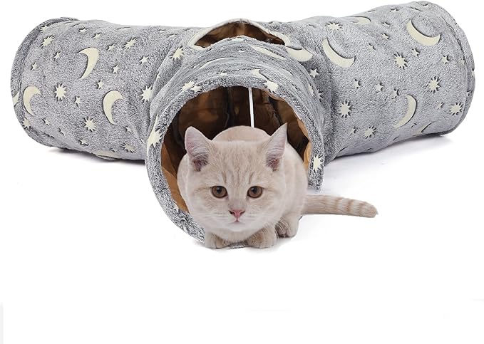 LUCKITTY Cat Tube Tunnel with Plush Ball Toys Collapsible Self-Luminous, for Cat Small Pets Bunny Rabbits, Kittens, Ferrets,Puppy and Dogs Grey Moon Star 3 Way