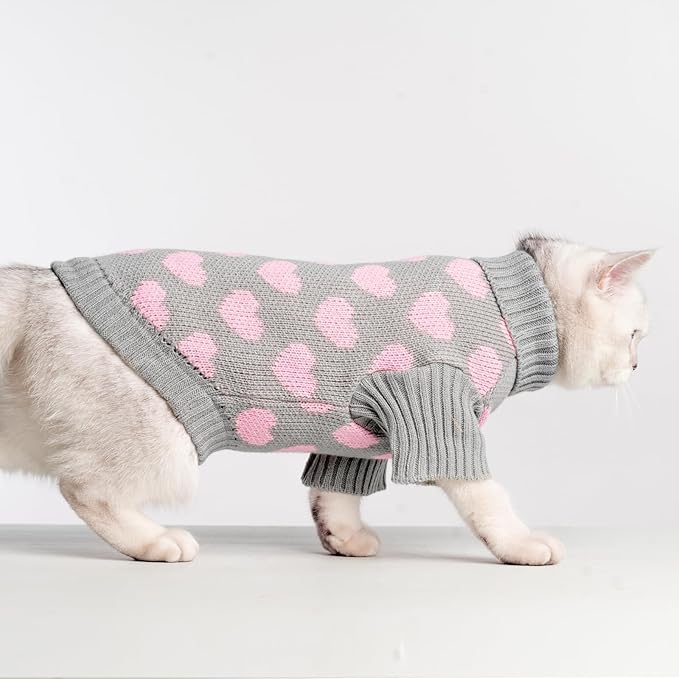 KOOLTAIL Cat Sweater Turtleneck- Soft Knit Cat Sweaters for Cats Only, Heart Love Pattern Thick Warm Cold Weather Clothes, Valentine's Day Pet Outfit for Small Medium Large Size Kitten Puppy Grey L