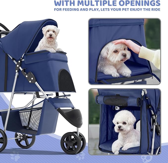 Magshion 3-Wheel Pet Stroller, Foldable Travel Jogger for Small & Medium Dogs & Cats (Up to 33lbs), Lightweight Carrier with Breathable Mesh Cover, Cup Holder & Storage Basket, Navy Blue