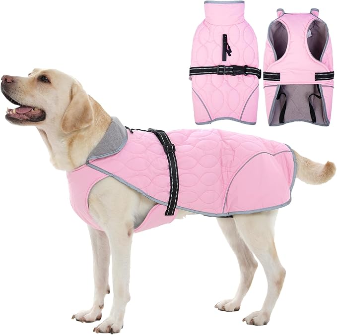IDOMIK Dog Winter Jacket, Adjustable Waterproof Dog Warm Coat with Fleece Lining, Turtleneck Windproof Cold Weather Coats for Winter, Reflective Warm Snow Jacket for Labrador Golden Retriever,Pink,XL