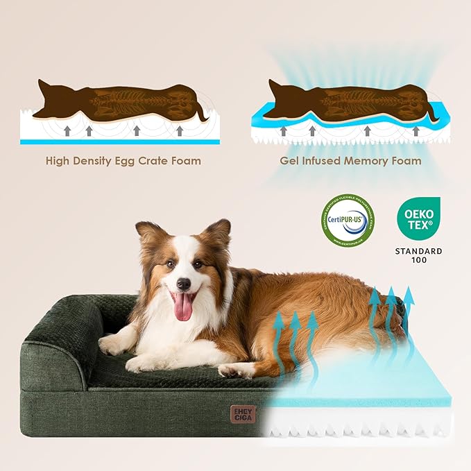EHEYCIGA Memory Foam Dog Bed Large Sized Dogs, Waterproof Dog Bed Orthopedic with Washable Removable Cover, Non-Slip Pet Bed Couch, 36x27x6 Inches, Dark Green