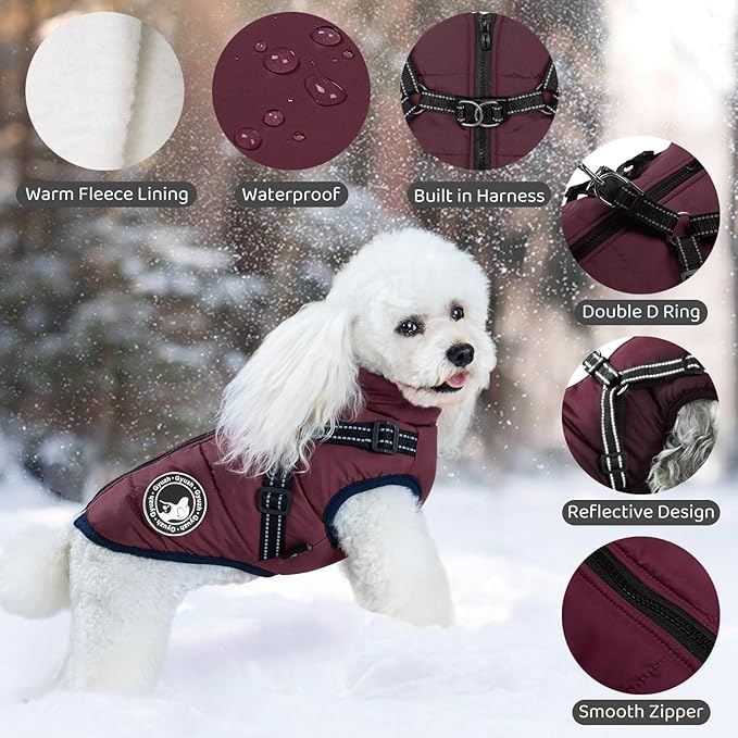 Gyuzh Dog Coat with Harness - Waterproof Winter Dog Coat, Fleece Lined, Adjustable, Reflective, for Medium Dogs - Large, Purple