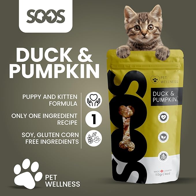 SOOS Natural Duck and Pumpkin Treats for Dogs & Cats - High Protein, Grain Free, Vitamin Minerals, Healthy Training Treats - 113g