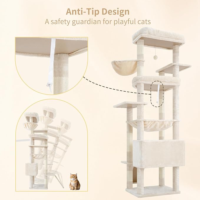 Heybly Tall Cat Tree for Large Cat, 80-inch Multi-Level Cat Tower for Indoor Cats with Large Baseboard, Condo Furniture with 2 Widened Plush Perches,Scratching Board and Big Caves, Beige HCT038M