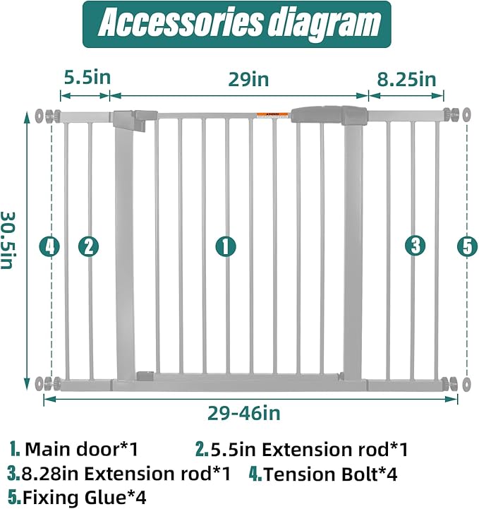 29-46" Dog Gates for Doorways No Drilling, Pet Gate Indoor, 30" Tall Metal Walk-Thru Gate, Easy One-Hand Open, Extensions & Wall Mounts Included (White, 46" W x 30.5“H)