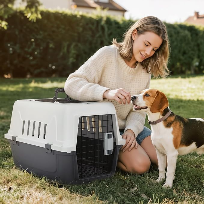 Magshion 22 Inch Hard-Sided Plastic Dog Carrier, 2-Door Top-Loading Kennel for Small Dogs and Cats Longer Traveling, Durable Handle, and 4 Sides Ventilation for Pet Up 22 lbs (White+Grey)