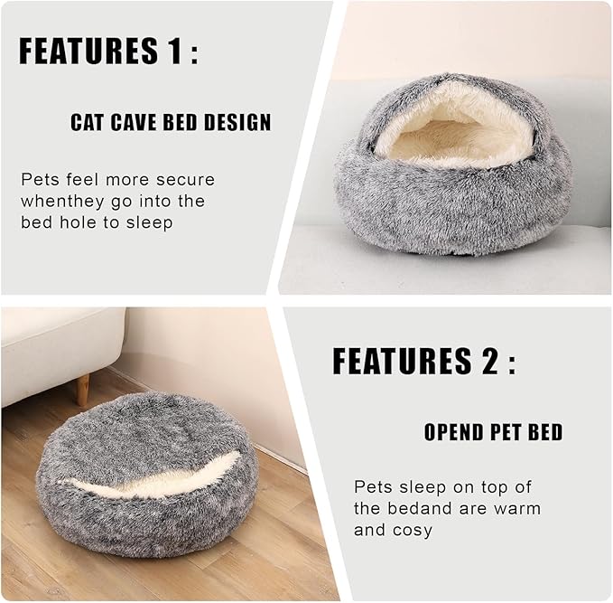 Cat Beds for Indoor Cats,Cat Cave for Puppy and Kitty,Calming Small Dog Bed for Small Dogs with Cover Cave,Cozy Warming Fluffy Washable Anti-Slip Pet Sleeping Bag (20 * 20inch,Grey)