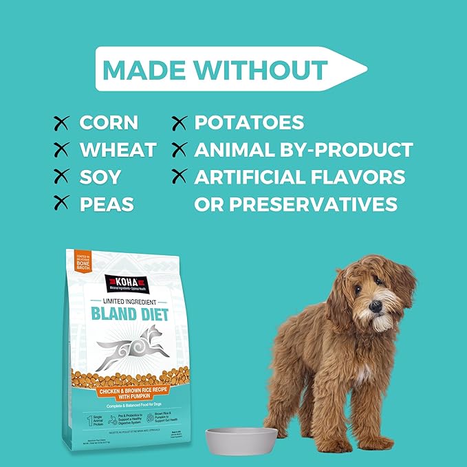 KOHA Limited Ingredient Bland Diet Dry Food for Dogs - Chicken & Brown Rice Recipe, Sensitive Stomach Dog Food - Pumpkin for Digestive Support, 3.5 lbs