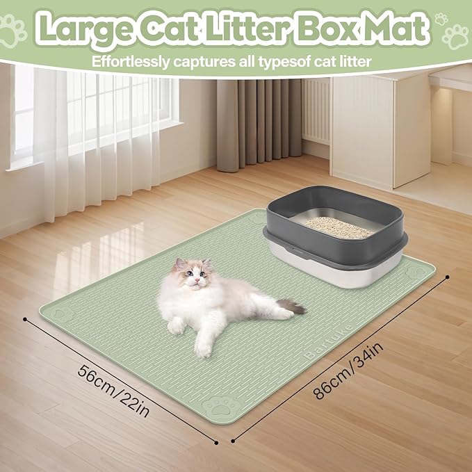 Cat Litter Mat, Extra Large 34" x 22" Silicone Mat Litter Trapping Mat for Scatter Control, Soft on Kitty Paws, Easy to Clean (Light Green)