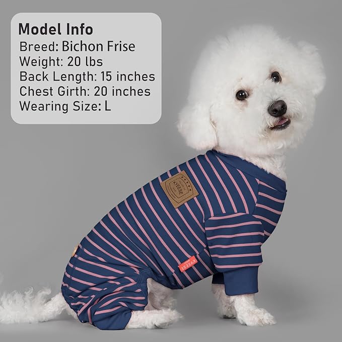 KYEESE Dog Pajamas, Soft Striped Pet Jumpsuit, Velvet Fleece Doggie Jammies, 4 Legs Dog Clothes, Stretchable Pajamas Cozy Outfit, Comfortable Onesie Sleepwear for Small Dogs,Navy Blue Striped, Large