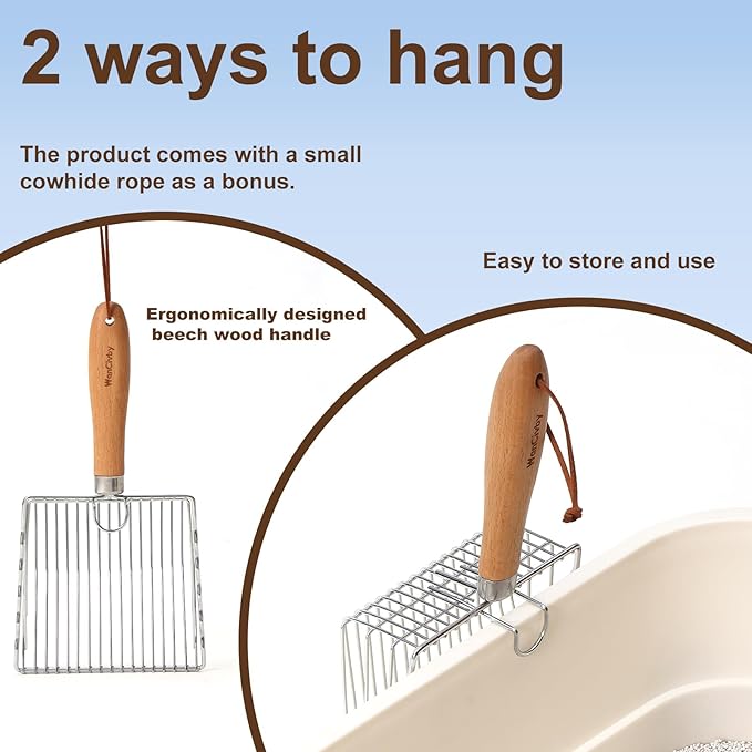 Premium Cat Litter Scoop with Ergonomic Beech Wood Handle - Stainless Steel Sifter with Hook & Hole for Easy Cleaning, Durable & Odor-Free (Steel Wire)