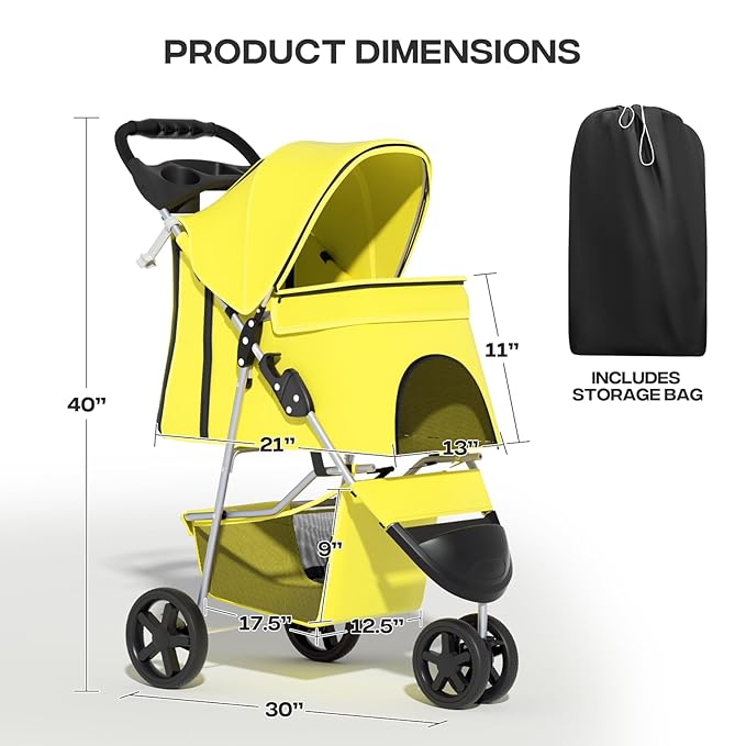 Cat & Dog Stroller, 3-Wheels Foldable Pet Stroller for Medium/Puppy Dogs & Cats, 30 Lbs, Yellow Mesh with Storage Basket & Cup Holder