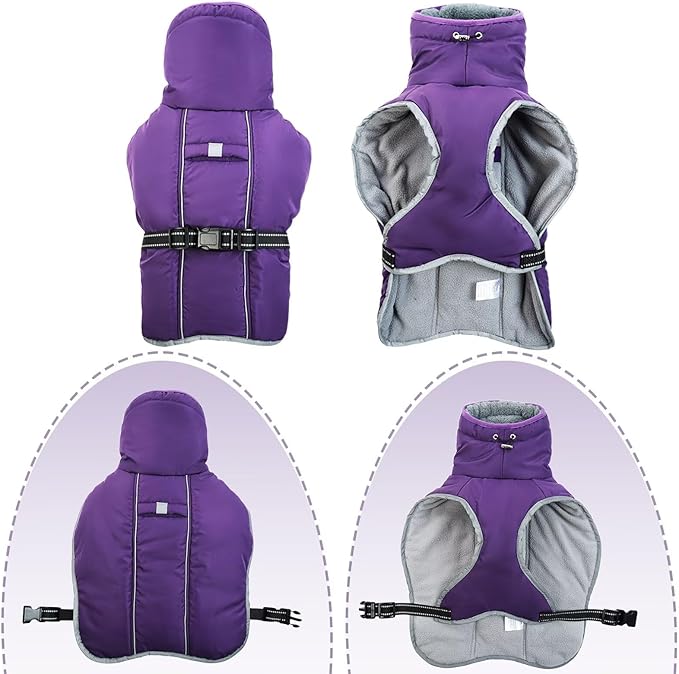 Warm Waterproof Dog Coat,Size M Dogs Jacket Pet Winter Coat for Cold Weather with Thicken Furry Collar,Reflective Puppy Winter Jacket Warm Fleece Lining for Medium Dogs,Purple,M