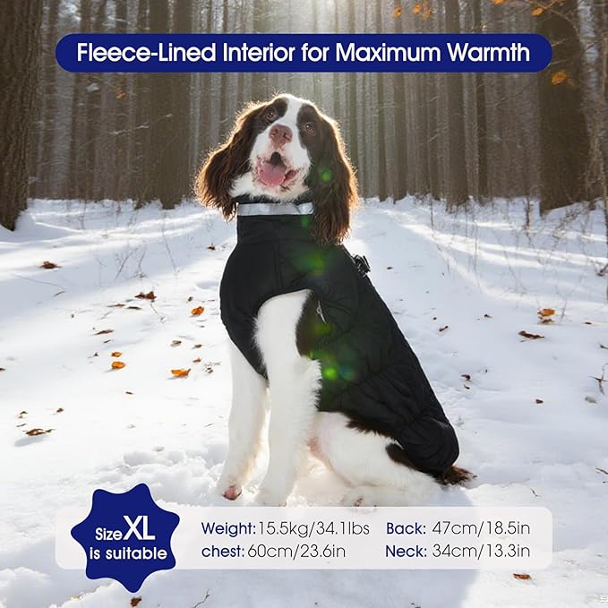FUAMEY Dog Coat for Large Dogs,Waterproof Dog Winter Jacket with Harness Built in Puppy Cold Weather Coats Reflective Pet Vest with Zipper Warm Fleece Dogs Snowsuit Windproof Solid Black L