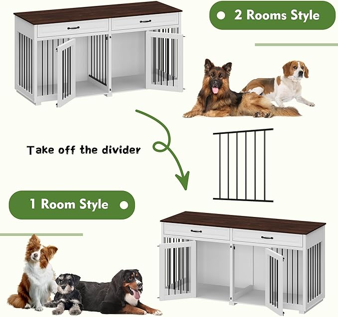 64.6" Furniture Dog Crate, Heavy Duty Wooden Dog Cage Furniture, Indoor Dog Kennel with Drawers & Removable Divider, Luxury Dog House with Double Rooms for Small Medium Breed Dogs, White