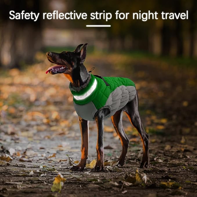 Winter Dog Coat,Large Dog Jacket,Waterproof Pet Jacket with Back Zipper,Pet Coat with Harness Built in,Warm Dogs Coat with Fleece Lined, Snow Jacket Clothes French Bulldog Shiba Inu,Green,L