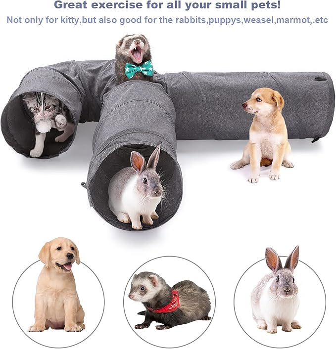 Ownpets Cat Tunnel Large 3 Way Collapsible Cloth Pet Tunnel Tube with Plush Ball & Feather Toy, U-Shaped Cat Play Tunnel for Indoor Cat, Puppy, Kitty, Kitten, Rabbit(Gray)