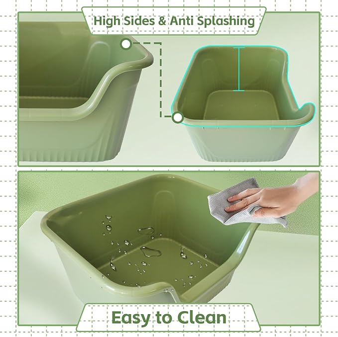 Large Cat Litter Box with High Sides,17.5"x15"x8.9" Open Top Cat Litter Pan Anti Splashing Non-Stick Litter Tray Low Entry Cat Litter Boxes Jumbo Kitty Litter Toilet Easy Clean for Cats(Green)