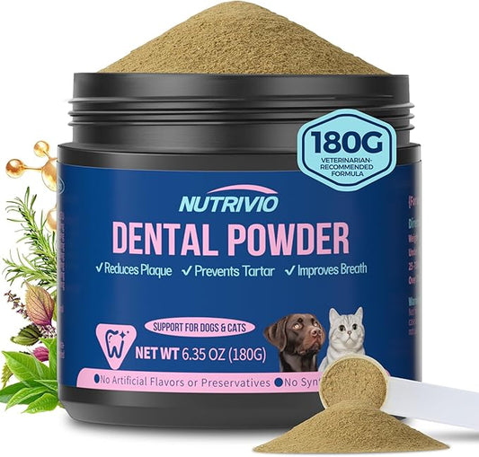 Cat Dog Dental Powder - Dog Teeth Cleaning Powder for Bad Breath Treatment, Plaque Off and Tartar Remover, Healthy Mouth for Dogs with Probiotics, Pet Dental Care - 6.35oz 180g