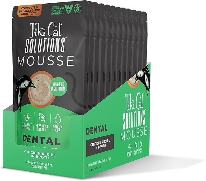 Tiki Cat Solutions Mousse Wet Cat Food, Dental, Chicken Recipe in Broth, 2.4 oz. Pouch (12 Count)