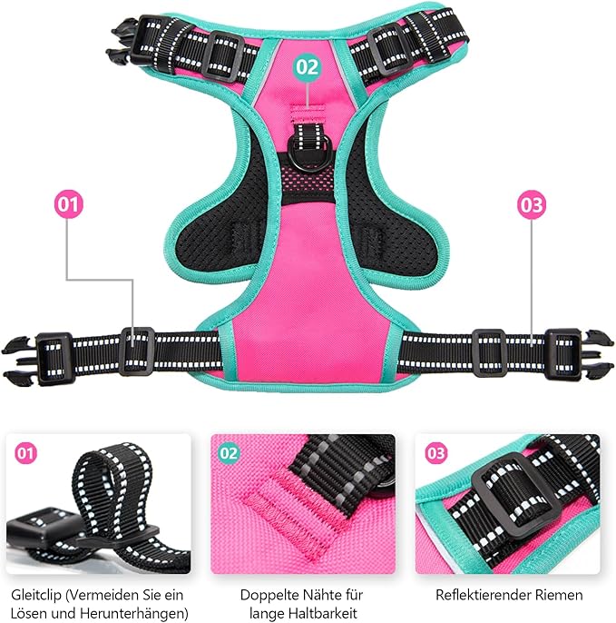 PHOEPET 2019 Upgraded No Pull Dog Harness, Reflective Adjustable Vest, with a Training Handle + 2 Metal Leash Hooks+ 3 Snap Buckles +4 Slide Buckles(XS, Pink)