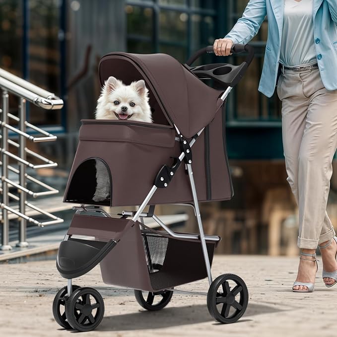 Magshion 3-Wheel Pet Stroller, Foldable Travel Jogger for Small & Medium Dogs & Cats (Up to 33lbs), Lightweight Carrier with Breathable Mesh Cover, Cup Holder & Storage Basket, Coffee
