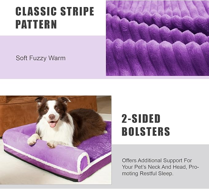 Patas Lague Orthopedic XL Dog Bed Large Sized Dog 42''X28'', Waterproof Comfortable L Bolster Big Large Non-Slip Soft Warm Pet Crate Bed Sleep Sofa mat with Removable Washable Cover, Purple