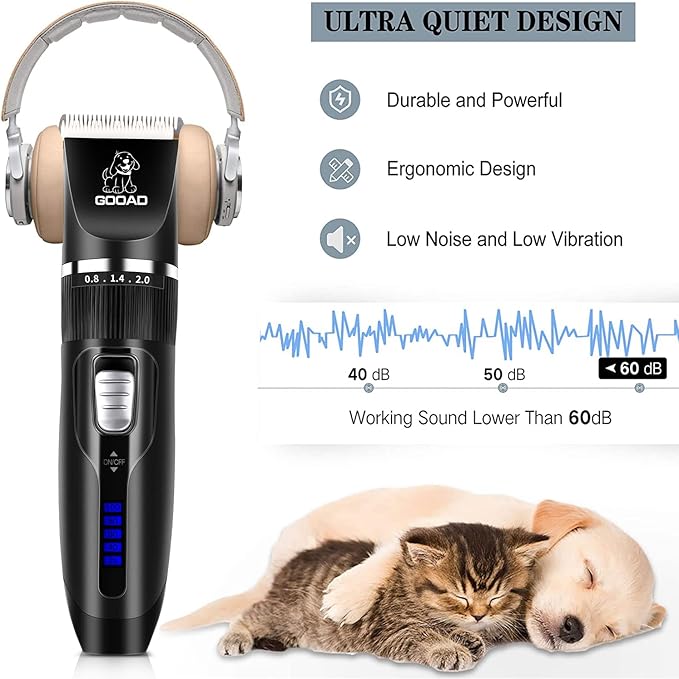 Dog Clippers Grooming Kit and Paw Trimmer,Cordless,Low Noise, Electric Quiet,Rechargeable, Dog Trimmer Grooming, Pet Hair Clippers for Thick Coats,Shaver for Small and Large Dogs Cats(Black)