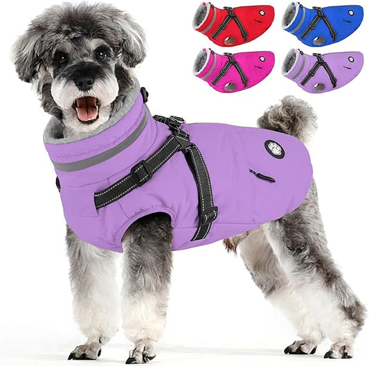 Dogcheer Dog Coat with Harness, Waterproof Dog Jacket, Reflective Puppy Winter Jacket with Pocket, Doggy Turtleneck Fleece Vest for Small Medium Large Dogs - Taro Purple, S