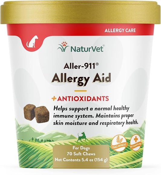NaturVet Aller-911 Advanced Allergy Aid for Dogs, Cats – Antioxidant-Rich Pet Supplement with Omegas, DHA, EPA – Helps Support Dog Immune System, Cat Respiratory Health, Skin Moisture 70 Soft Chews