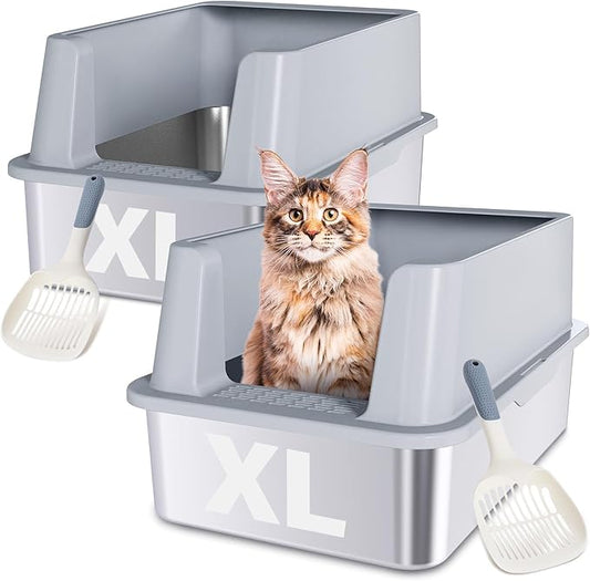 2 Pack Stainless Steel Litter Box, XL Extra Large Cat Litter Boxes for Big Cats, Metal Litter Box with High Sided Lid, Anti-Urine Leakage, Never Absorbs Odors, Easy Cleaning, Non-Stick, Include Scoop