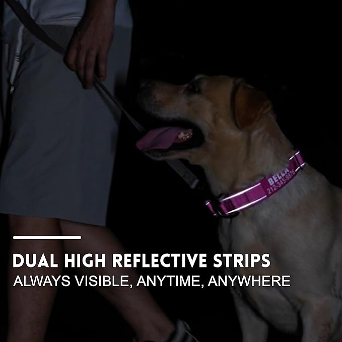 Personalized Tactical Dog Collar with Soft Padding & Reflective Strips for Large Dogs, Heavy Duty Nylon with Metal Buckle, Custom Name, Durable, Available in Pink, Blue, Black, Green