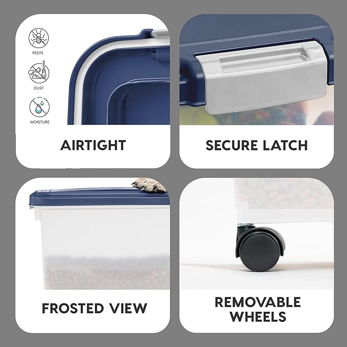 IRIS USA Airtight Dog Food Storage Container, Up to 30 lbs, Attachable Wheels, for Dog Cat Bird and other Pet Food Storage Bin, Keep Fresh, Easy Mobility, BPA Free, Navy/Pearl