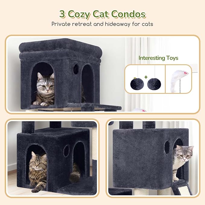 Globlazer Cat Tower for Multiple Indoor Cats, 52 inch Heavy Duty Cat Tree with 3 Condos, Plush Cat Condo with Scratching Posts and Pad for Adult Cats Kitten, Padded Perch, Basket Bed, F52B, Dark Grey