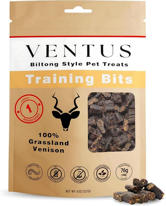 VENTUS Jerky Training Bits - Single Ingredient High Protein Venison Dog Training Treats, Grain-Free, Air-Dried Training Treats for Dogs 8 oz