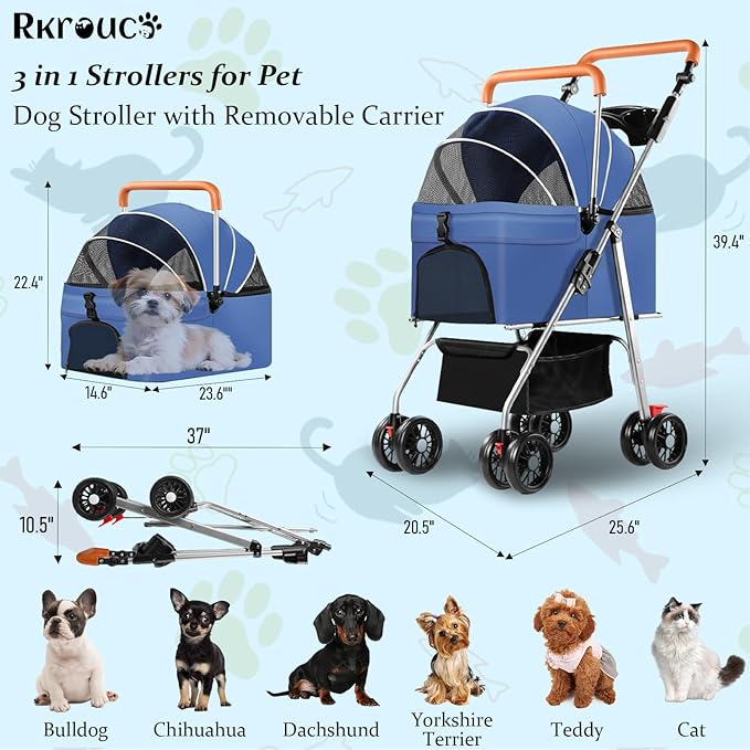 3 in 1 Dog Strollers 4 Wheels Folding Pet Stroller with Detachable Carrier Multifunction Portable Dogs Travel Carriers for Medium Small Puppy Kittens(Solid Blue)
