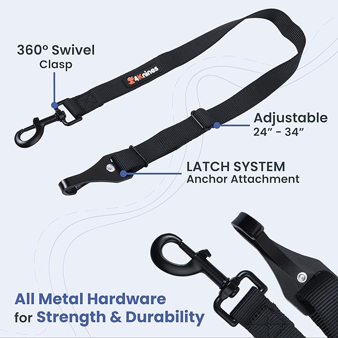 4Knines Dog Seat Belt Tether – Heavy-Duty Dog Car Safety Harness Attachment – Adjustable Pet Travel Restraint for Vehicle Anchor System – Universal Fit for Secure, Comfortable Car Rides, Black