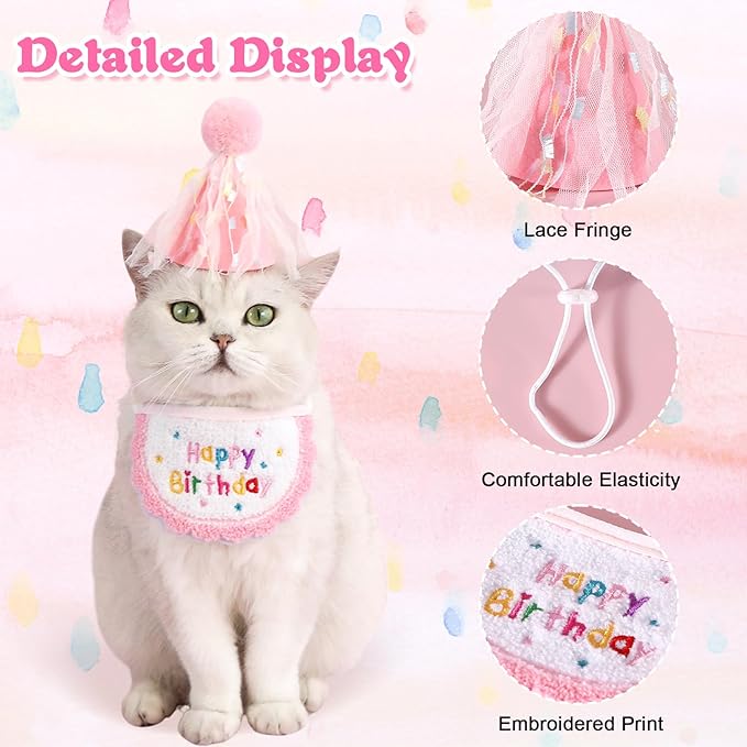 Kunyeah 2Pcs Pet Happy Birthday Hat Scarf Set Puppy Princess Costumes Cute Cat Bandana Outfit Dog Cone Hat wtih Pom-pom Colorful Lace Bib Collar Pet Birthday Decorations Party Supplies (Pink)