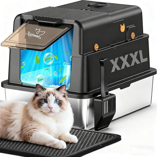 L8 Ultra-XXXL Stainless Steel Litter Box with Smart Odor Control System, 28"L x 20.5"W x 17.4"H Large Cat Litter Box with Lid for Big Cats, High Sided Enclosure with Scoop & Mat, Anti-Leakage-Black