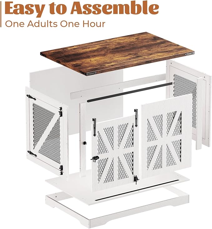 VOPEAK 40" Farmhouse Dog Crate Furniture, Heavy Duty Dog Crate for Medium Large Dogs, Dog Cage Dog Kennel Indoor with Double Doors, Chew Resistant End Table for Bedroom Living Room, White