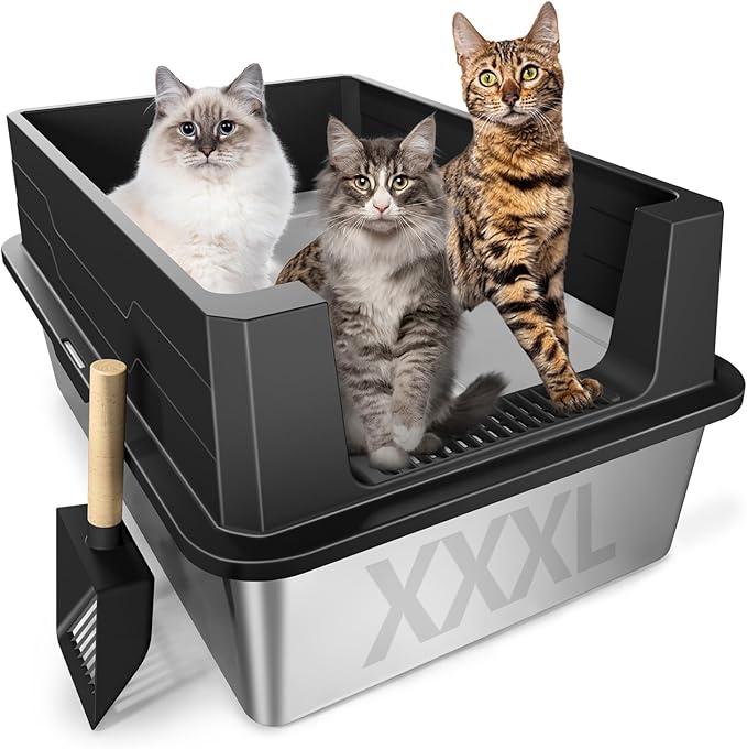 XXXL Stainless Steel Litter Box, Extra Large Cat Litter Box for Large Cats & Multi-Cat Homes, Leak-Proof with High Walls & Non-Slip Base - 28"x20"x12"