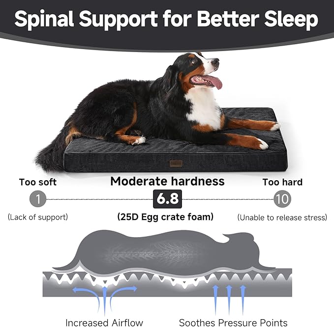 OhGeni Orthopedic Waterproof & Machine Washable Dog Bed for Extra Large Pets, Suitable for Crates, Cat Mat with 25D Egg Crate Foam, Non-Slip Bottom & Removable Cover, 47 Inches(Black)