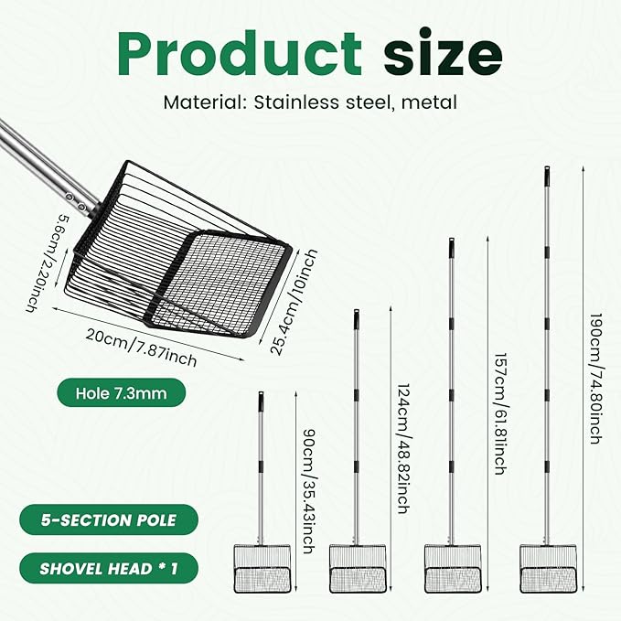 10Inch Chicken Poop Scooper, 35" to 75" Long Chicken Coop Litter Scoop with Stainless Steel Handle, 4 in 1 Multifunctional Heavy Duty Litter Sifting Shovel, Non Stick Detachable Cat Litter Sifter