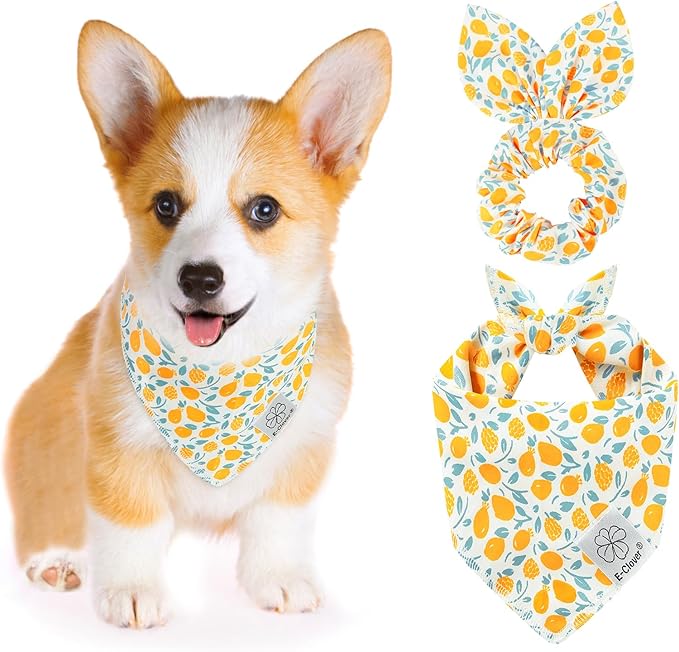 E-Clover Yellow Floral Dog Bandanas & Matching Scrunchie Set Summer Cute Dog Scarf Bibs Pet Bandana with Bow Tie for Small Dogs Puppy Owner Mom Spring
