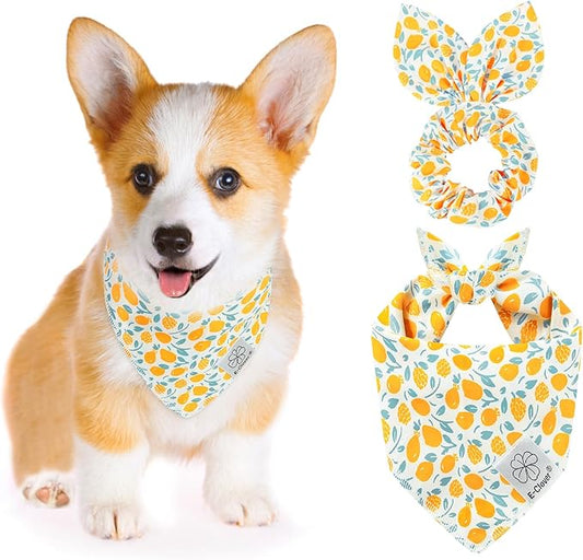 E-Clover Yellow Floral Dog Bandanas & Matching Scrunchie Set Summer Cute Dog Scarf Bibs Pet Bandana with Bow Tie for Small Dogs Puppy Owner Mom Spring