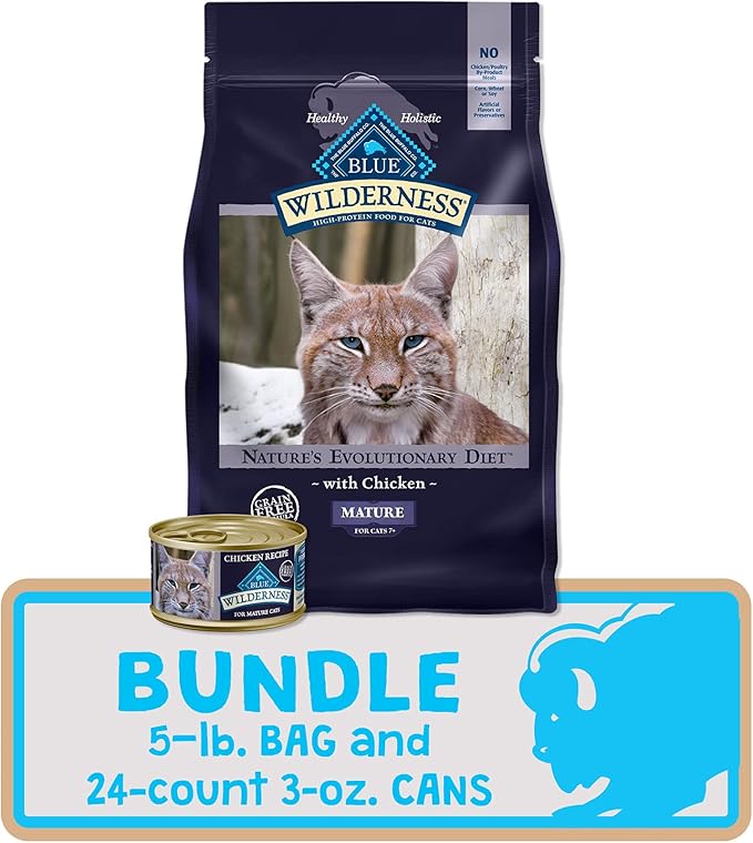 Blue Buffalo Wilderness High Protein Natural Mature Grain Free Cat Food Bundle, Dry & Wet Cat Food, Chicken (5-lb Dry + 24 x 3oz Cans)