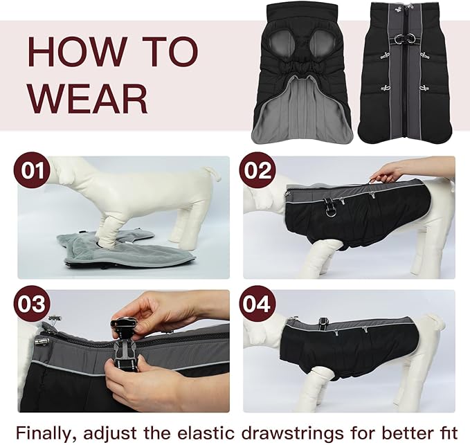 Dog Coat - XS, Warm Zip Up Snowsuit Dog Harness Vest, Reflective, Water-Resistant, Black